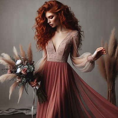 Redhead bride in flowing dress