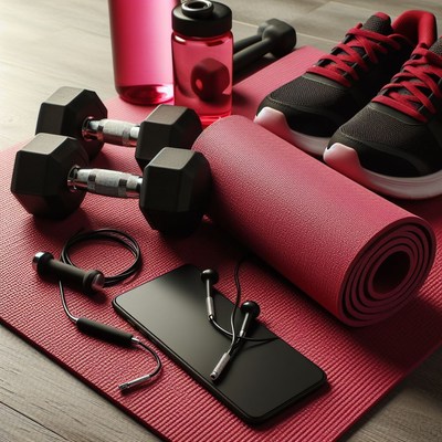 Workout essentials on red mat