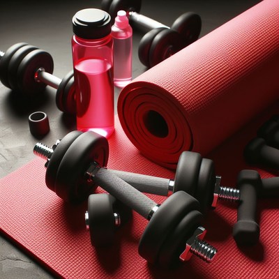 Dumbbells and yoga mat on black surface
