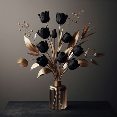 Black tulips in gold vase