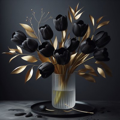 Black tulips in a glass vase