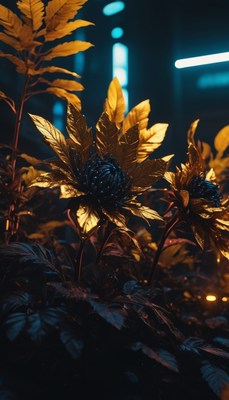 Golden flowers under neon lights