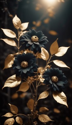 Black flowers and gold leaves