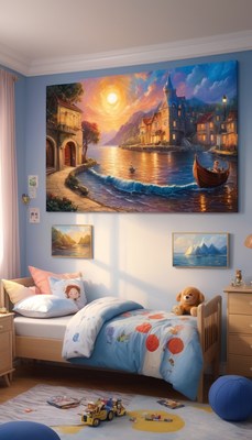 Sunset over coastal town with boat and castle