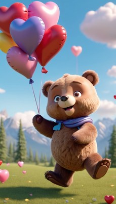 Happy bear floating with balloons