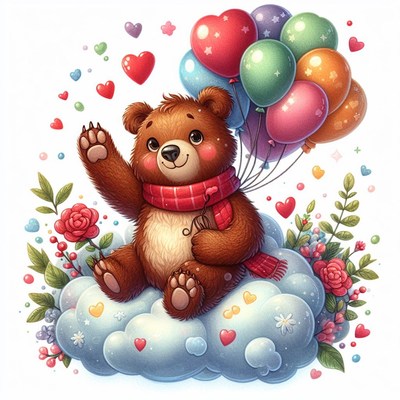 Bear with balloons on cloud