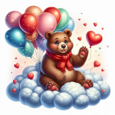 Bear with balloons on cloud