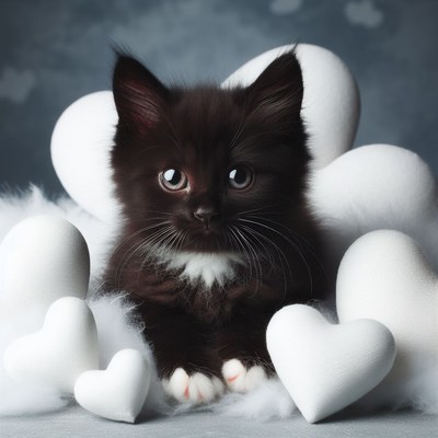Black kitten in heart shaped nest