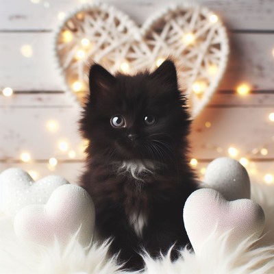 Black kitten with white hearts