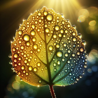 Dew-covered leaf in sunlight