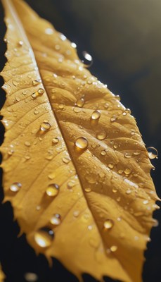 Dew drops on autumn leaf