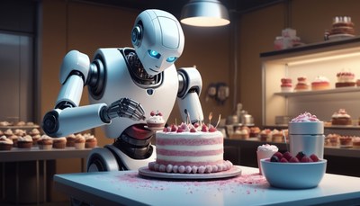 Robot enjoying cake in bakery
