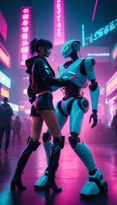 Woman and robot in neon city