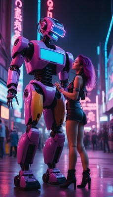Woman and robot in neon city