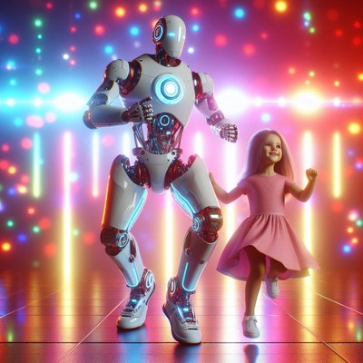 Robot and girl dancing in neon lights