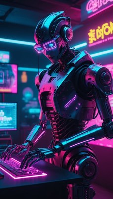 Cyberpunk robot typing