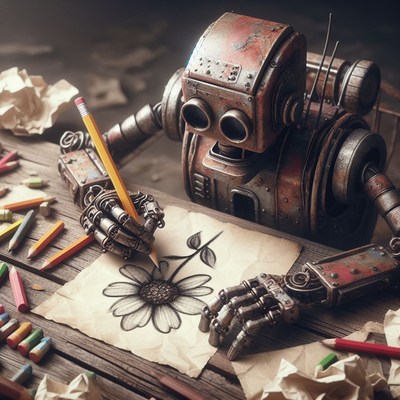 Rusty robot drawing a flower