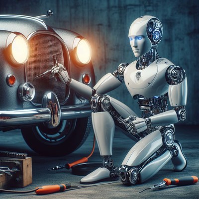 Robot mechanic working on classic car