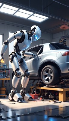 Robot mechanic working on car