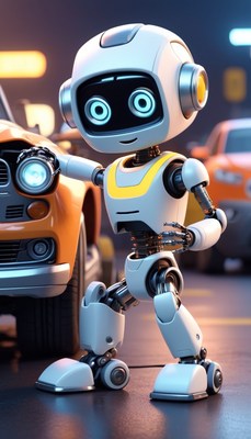 Robot near car in garage