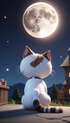 Cat gazing at the full moon