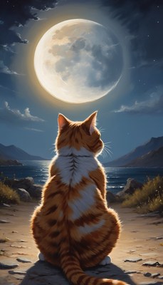 Cat gazing at moonlit sea