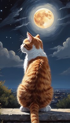 Cat gazing at the full moon
