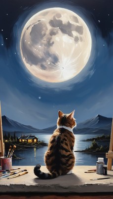 Cat gazing at full moon