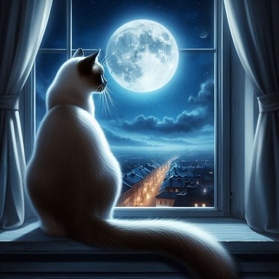 Cat gazing at the full moon