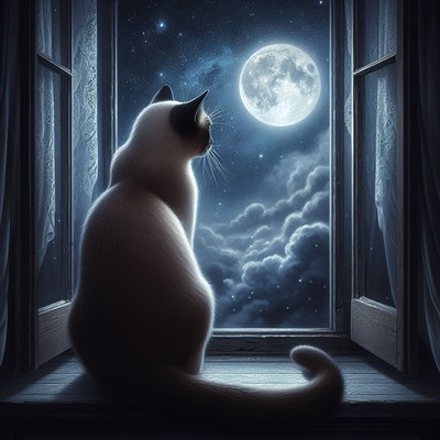Cat gazing at full moon through window
