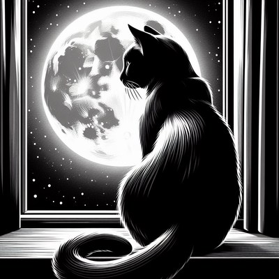 Black cat gazing at full moon