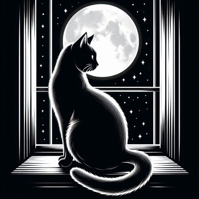 Black cat gazing at the moon