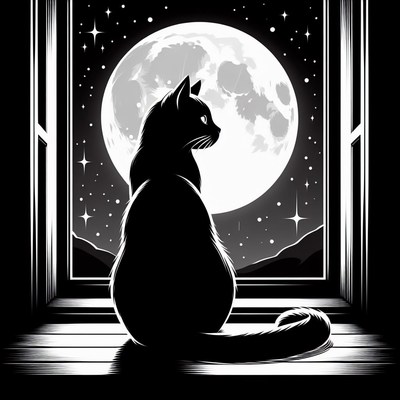 Black cat windowsill moonlight