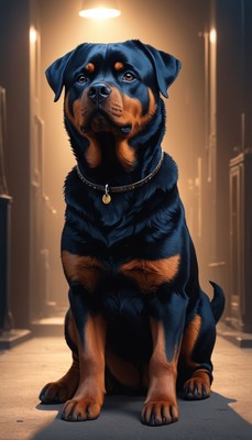 Rottweiler sitting in dark hallway