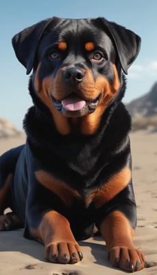 Rottweiler dog on sandy beach