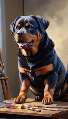 Rottweiler posing with paintbrushes