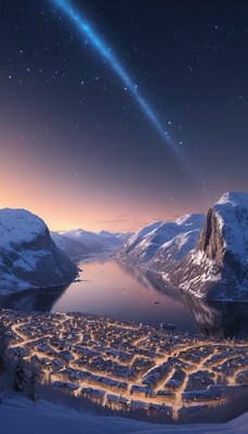 Snowy fjord town under night sky