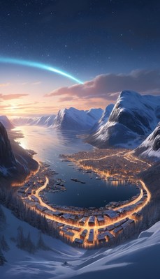 Snowy mountain town at night