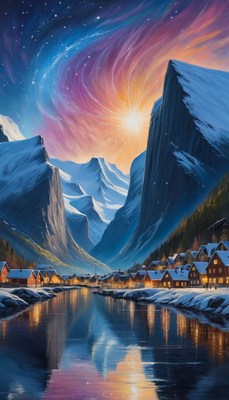 Mountain village under a starry sky