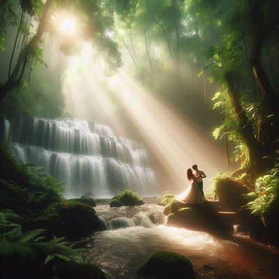 Couple dancing by waterfall