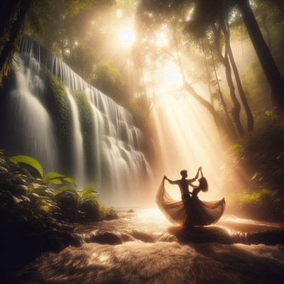 Couple dancing by waterfall