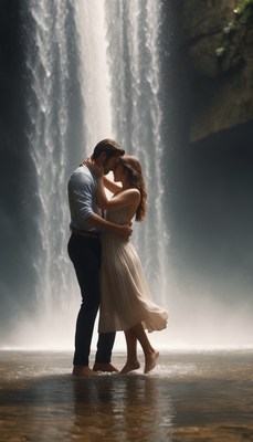 Couple embraces by waterfall