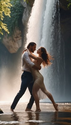 Couple embraces by waterfall