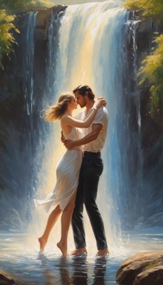 Couple embracing by waterfall