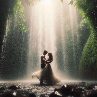 Couple embraces in waterfall mist