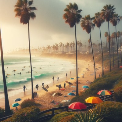 California beach scene with palm trees