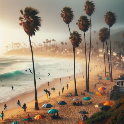 California beach sunset with palm trees and surfers