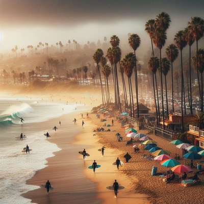 California beach surfers at sunset