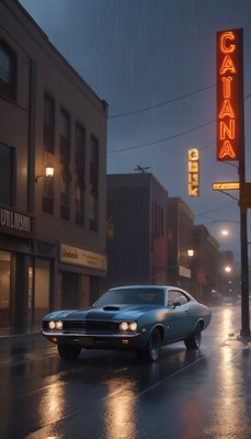 Classic car driving through city rain