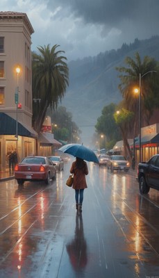 Rainy evening walk in city street